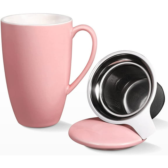 Acekid 16oz Ceramic Mug with Lid, Color Glaze Tea Mug, Dishwasher Safe, Easy Hold, Perfect for Tea, Coffee, Pink