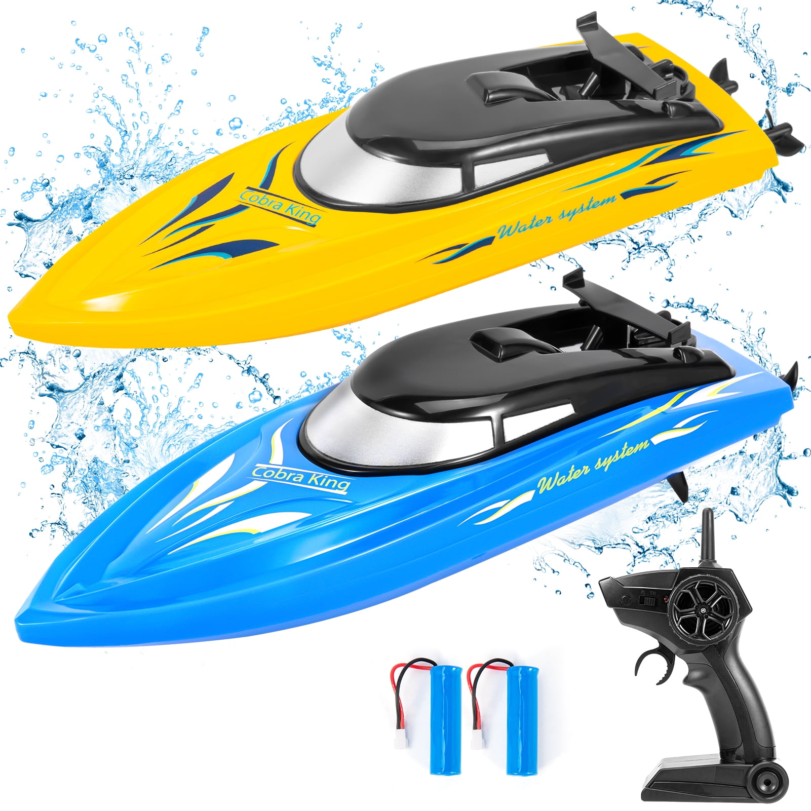 Acekid 2 Pack RC Boat, Mini Remote Control Boats for Pools/Lakes, 10km/h, 2.4 GHz, 4 Rechargeable Batteries (Blue+Yellow)