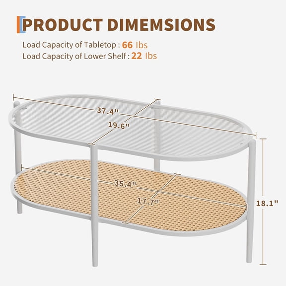 Acekid 2-Tier Rattan Coffee Table Boho Oval Coffe Table With TempeRed Glass Top Farmhouse Water-Wave Glass Metal Tea Center Tables Storage Shelf Decor For Living Room Office Home White