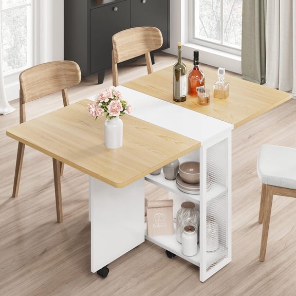 Acekid 2-Tier Storage Folding Dining Table with Drop Leaf - Kitchen Table on 6 Wheels, Space Saving for Small Spaces, 50.1" D x 31.4" W x 29.5" H, Light Wood Grain Flap & White Cabinet