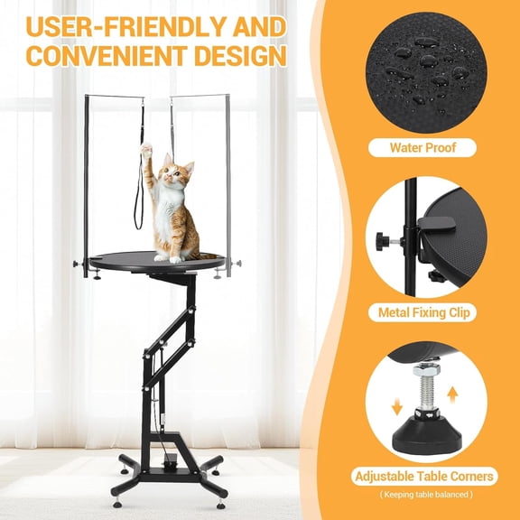 Acekid 24Inch Hydraulic Lift Dog Pet Grooming Station, 360° Rotating Round Desktop, Heavy Duty Height Adjustable with Overhead Arm & Tool Organizer for Small Dogs,Black
