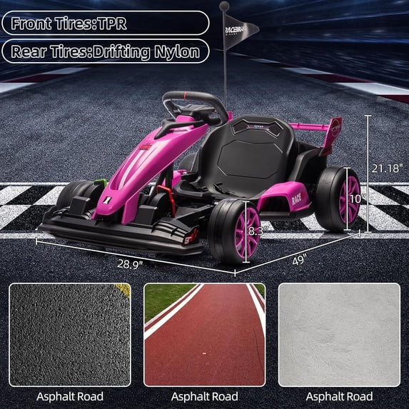 Acekid 24V Ride On Go Kart Electric Ride On Car Drift Kart with Adjustable Seat 7.5MPH Fast Drifting Max Load 135lbs Pink