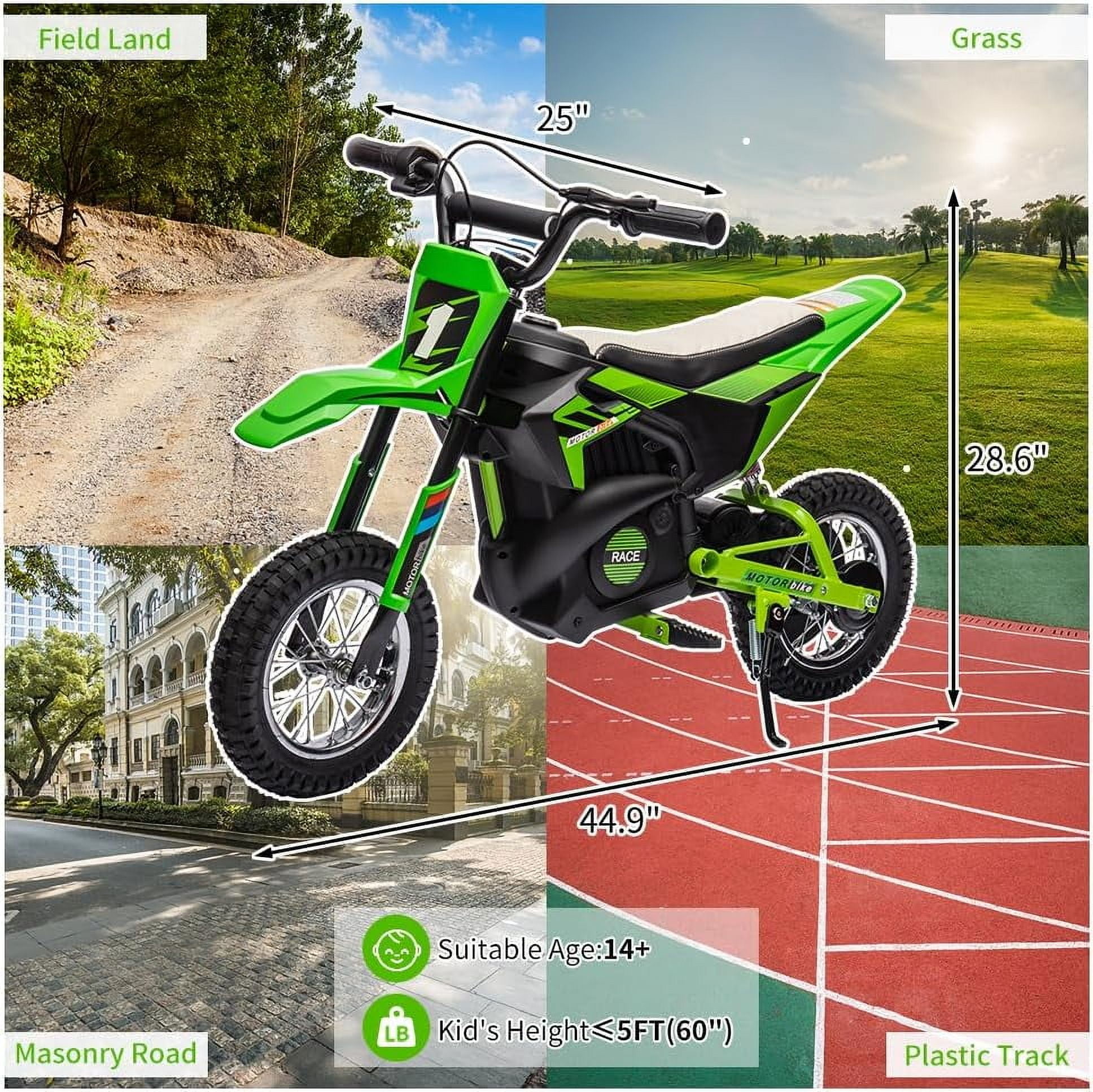 Acekid 24V Ride on Motorcycle 13.6MPH Fast Speed Electric Battery-Powered Off-Road Motocross with 250W Motor Chain-Driven Green