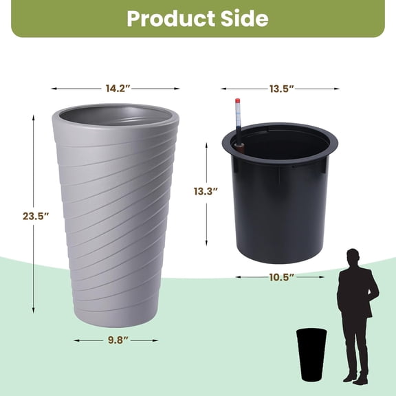 Acekid 2PC 23 Inch Tall Self Watering Planters - Plant Pots with Water Level Monitor & Self Watering Insert, Light Grey