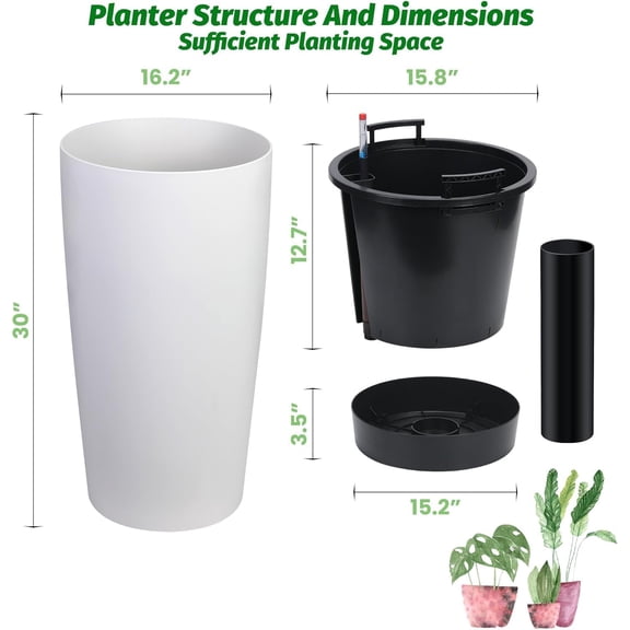 Acekid 2PC 30 Inch Tall Outdoor Planters - Self Watering Planters with Water Level Monitor, White