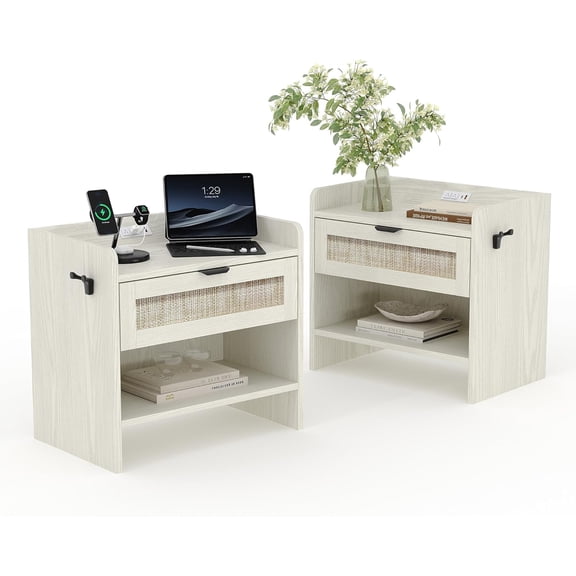 Acekid 2PC Rattan Nightstand Bedside Table,End Table,Boho Night Stand with Type-C Charging Station,Side Tables,Suitable for Bedroom,Office,Milky white