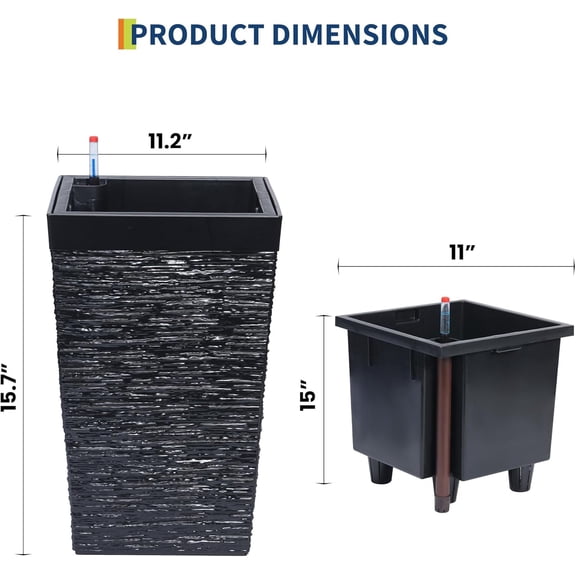 Acekid 2PC Self Watering Planter - Large Square Plastic Planter with Water Level Indicator & Water Reservoir, Black