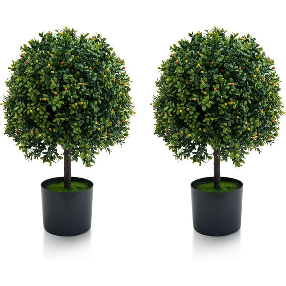 Acekid 2pcs Topiary Trees Artificial Outdoor, 20inch Faux Boxwood Balls With Fruit, Fake Plant with Planter Pot, Dark Green