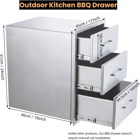 Acekid 3-Drawer Outdoor Kitchen Drawers, 304 Stainless Steel BBQ Island Cabinet with Handles, Stainless Steel