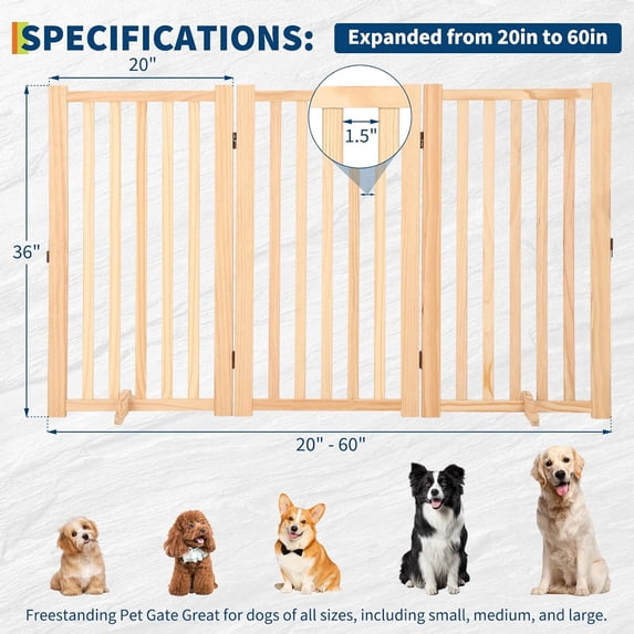 Acekid 3 Panel Freestanding Pet Gate, Foldable Dog Gate for Stairs Doorways Hallways, Step-Over Fence, Natural