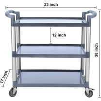 Acekid 3-Tier Plastic Service Utility Cart with Wheels, Heavy Duty 3-Shelf Rolling Utility/Push Cart for Foodservice/ Office Kitchen/ Hotel,Grey