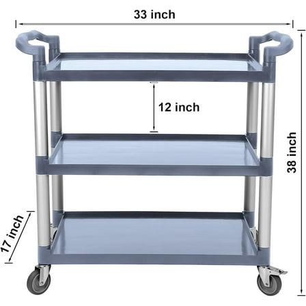 Acekid 3-Tier Plastic Service Utility Cart with Wheels, Heavy Duty 3-Shelf Rolling Utility/Push Cart for Foodservice/ Office Kitchen/ Hotel,Grey