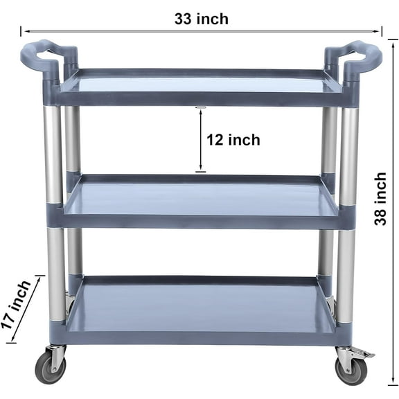 Acekid 3-Tier Plastic Service Utility Cart with Wheels, Heavy Duty 3-Shelf Rolling Utility/Push Cart for Foodservice/ Office Kitchen/ Hotel,Grey
