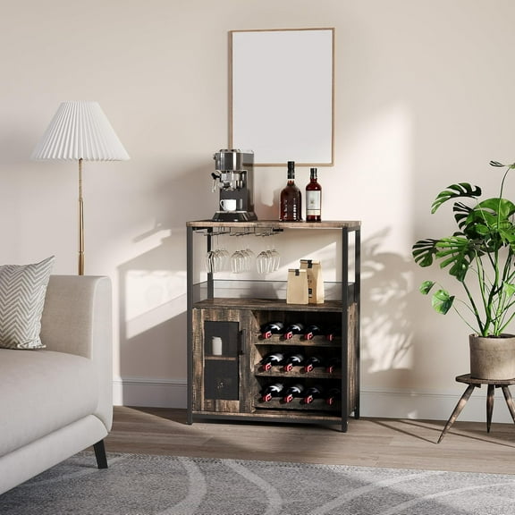 Acekid 3-Tier Wine Bar Cabinet with LED Lights, Coffee Bar with Adjustable Shelves, Mesh Door & Wine Rack, for Kitchen, Burnt