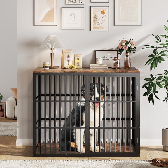 Acekid 3-in-1 Dog Crate Furniture with 3 Lockable Doors, Metal Frame & Wood Panels End Table, Black