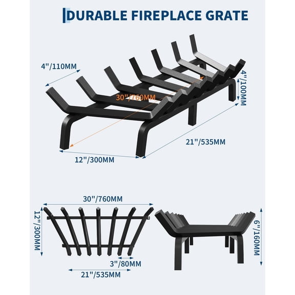 Acekid 30 Inch Fireplace Grate - Steel Fireplace Log Holder with 6 Support Legs & 7 Bars, Wood Burning Fire Grate Rack, Black