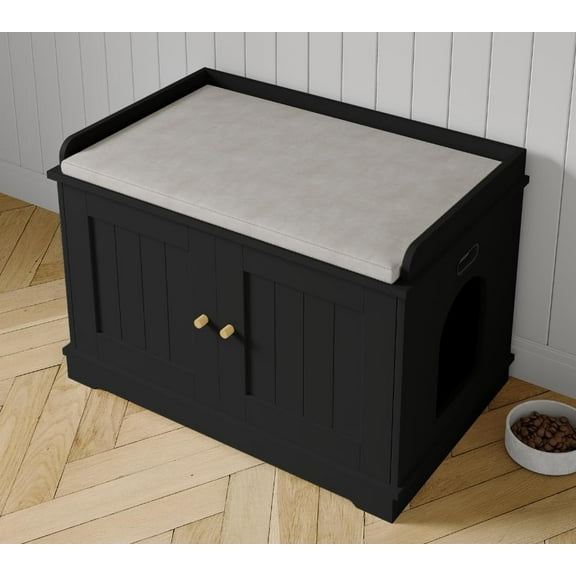 Acekid 31.5 Inch Cat Litter Box Enclosure, Wooden Hidden Litter Box Cabinet, Indoor Cat Washroom Furniture with Barn Door, Modern End Table,Black