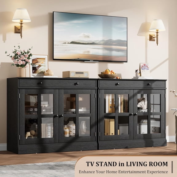 Acekid 35.4" Oak Sideboard Buffet Cabinet with Glass Door, Modern Storage with Drawer, Adjustable Shelves, Freestanding for Dining Room, Living Room, Kitchen