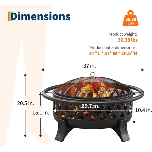 Acekid 36 Inch Outdoor Fire Pit with Poker Wood Burning Fire Pit with Spark Screen Cover Firepits for Outside Backyard Black