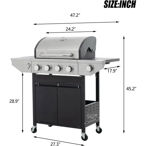 Acekid 4 Burners BBQ Grill with Side Burner 46,000 BTU Output Stainless Steel Grill with Thermometer Porcelain-Enameled Cast Iron Grates Silver