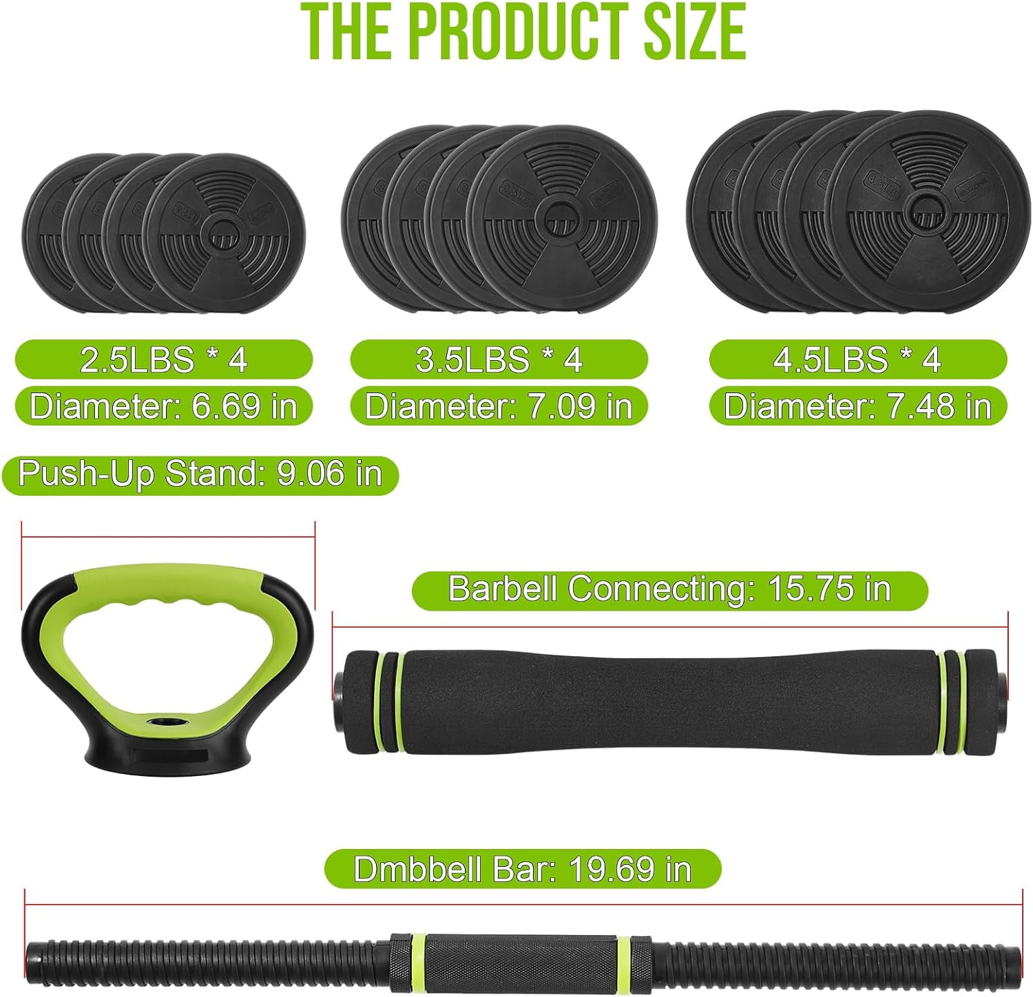 Acekid 4-In-1 Dumbbell Set, Adjustable Weights with Connector, Used as Kettlebells Barbell Push Up Stand, Fitness Exercise Free Weight Set, Black+Green