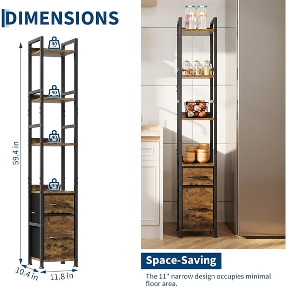 Acekid 4 Tier Bookshelf - Narrow Bookcase with 2 Storage Drawers, Industrial Floor Standing Ladder Shelf, Black