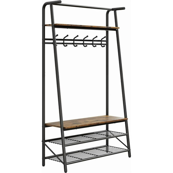 Acekid 4-Tier Coat Rack Shoe Bench with 5 Hooks, Entryway Hall Tree with Storage, Metal Frame Multifunctional Organizer for Bathroom, Hallway