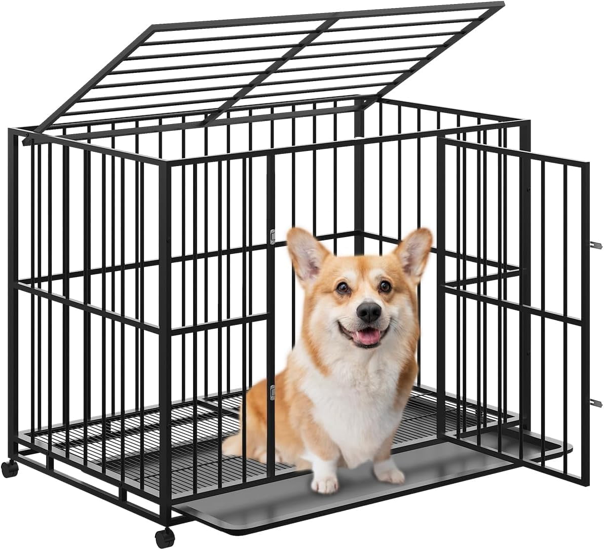 Acekid 42 Inch Stainless Steel Dog Crate,Indoor/Outdoor Cage for Large&XL Breeds,Indestructible Escape-Proof Kennel with Locking Wheels,Collapsible,Chew-Resistant with Easy-Clean Removable Tray,Black