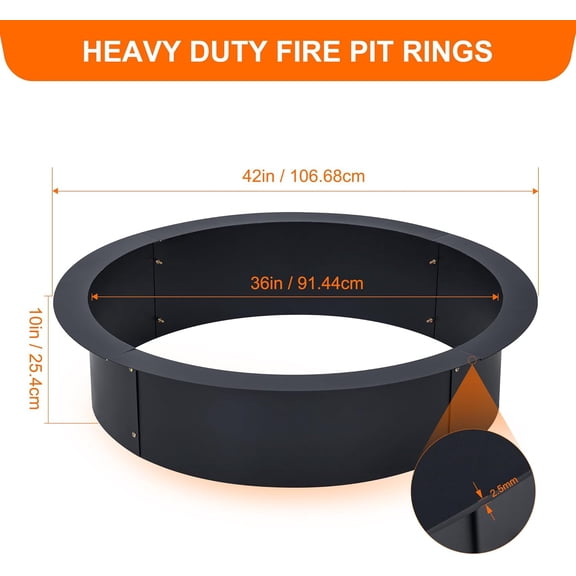 Acekid 42x36x10-Inch Smokeless Fire Pit Ring Insert, Heavy Duty Round Wood Burning Outdoor Fireplaces with Stainless Steel BBQ Mesh and Hook, Black
