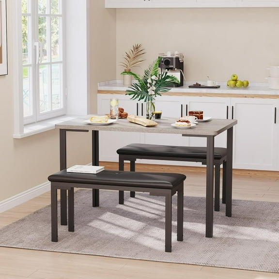 Acekid 43.3" Small Dining Table Set for 4-3-Piece Kitchen Table with 2 Upholstered Benches, Space-Saving Dinette Set for Apartments, Breakfast Nook