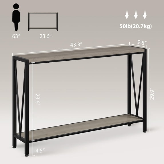 Acekid 43 Inch 2-Tier Narrow Console Table Stylish Sofa Side Table with V Design Premium Space Saving Furniture Grey