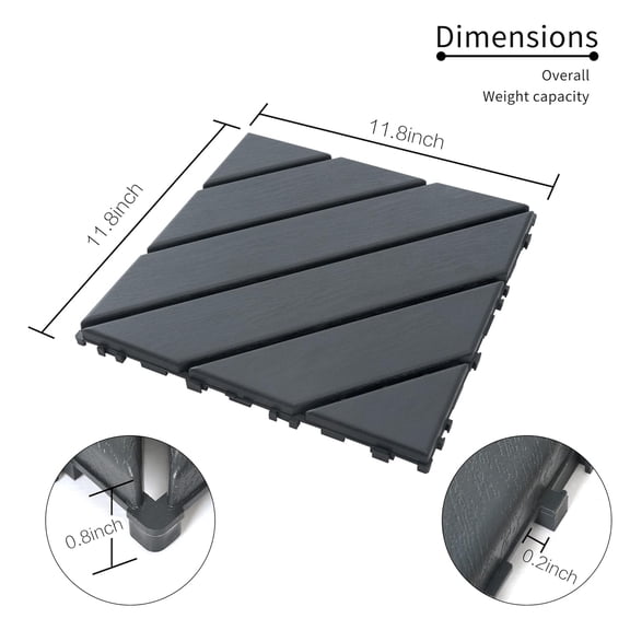 Acekid 44-Piece Deck Tiles, 12x12 Inch Plastic Interlocking Tiles, Porch Flooring, Outdoor Waterproof All Weather Use, for Patio Backyard, Grey
