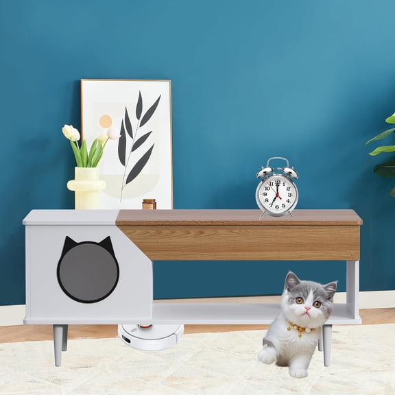 Acekid 45 Inch Coffee Table Cat House&nbsp;- Wooden Rustic Living Room Table with Hidden Litter Box & Storage Drawer, Multi-Functional Pet Furniture (Natural Wood)