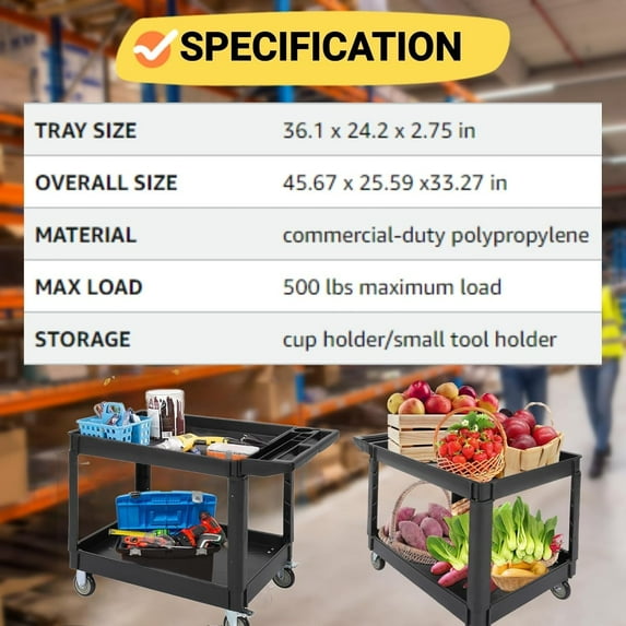 Acekid 45"X25" Service Cart 2-Shelf, Storage Handle, 500 lbs Capacity, for Warehouse/Garage/Cleaning/Manufacturing