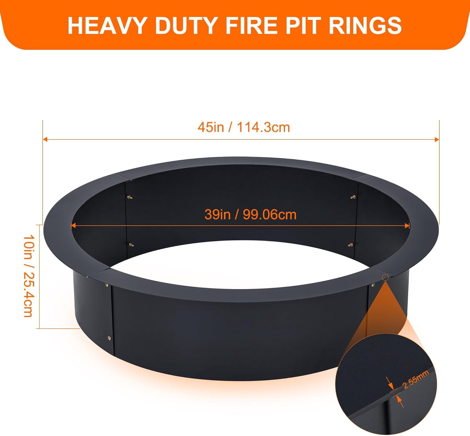 Acekid 45x39x10-Inch Smokeless Fire Pit Ring Insert, Heavy Duty Round Wood Burning Outdoor Fireplaces with Stainless Steel BBQ Mesh and Hook, Black