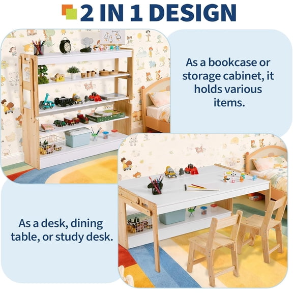 Acekid 47.2Inch Art Table with 1 Chair Set, Convertible Activity Table to Storage Shelves with 2 Storage Box, Wood-White