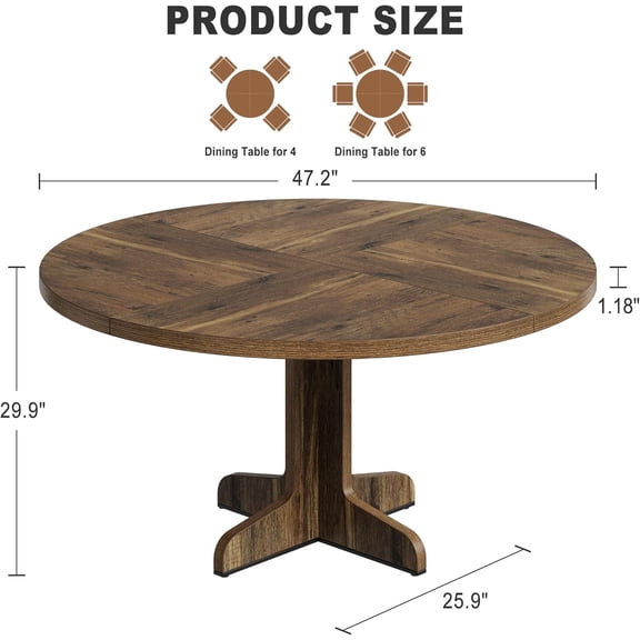 Acekid 47 Inch Round Dining Table for 4 Farmhouse Kitchen Dining Room Circle Dinner Table Brown