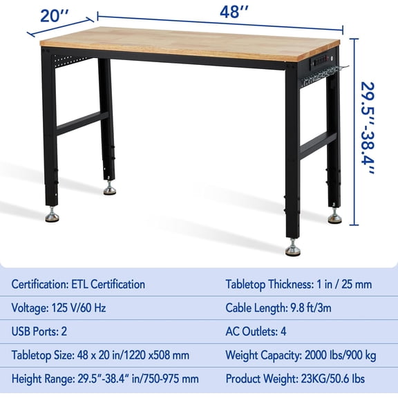 Acekid 48 Inch Adjustable Height Workbench - 2000 lbs Capacity, Rubberwood Top, Power Outlets, Lockable Wheels, Black