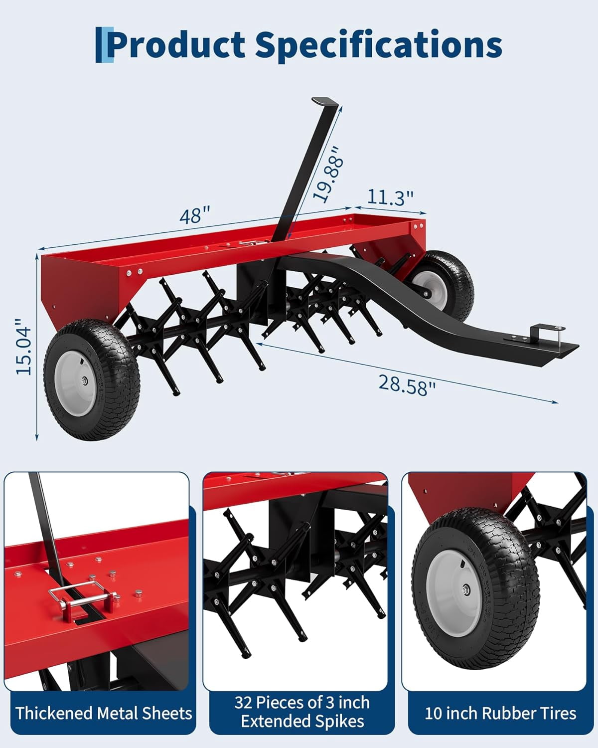 Acekid 48 Inch Tow Behind Lawn Plug Aerator - Galvanized Steel with Universal Hitch & Inflatable Wheels
