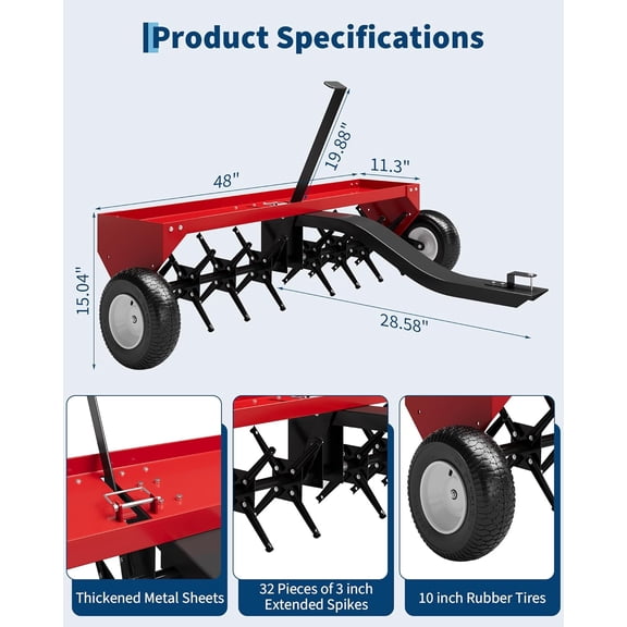 Acekid 48 Inch Tow Behind Lawn Plug Aerator - Galvanized Steel with Universal Hitch & Inflatable Wheels