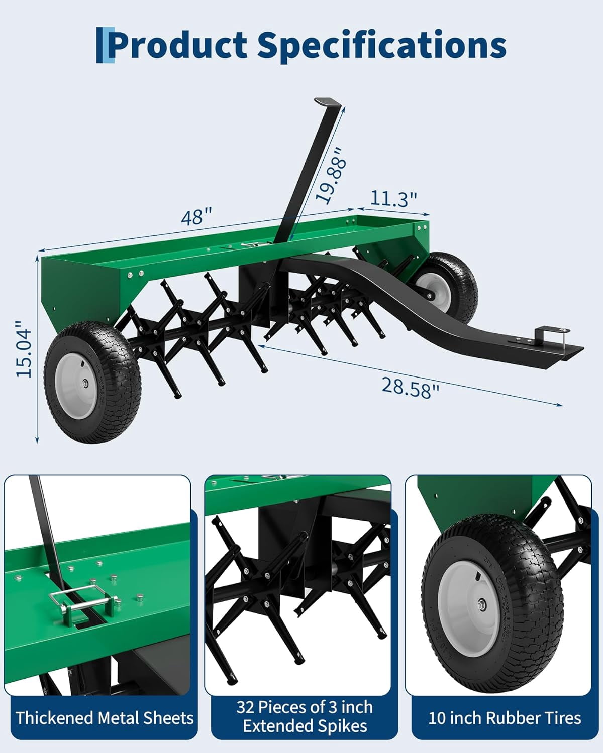 Acekid 48 Inch Tow Behind Lawn Plug Aerator - Galvanized Steel with Universal Hitch & Inflatable Wheels
