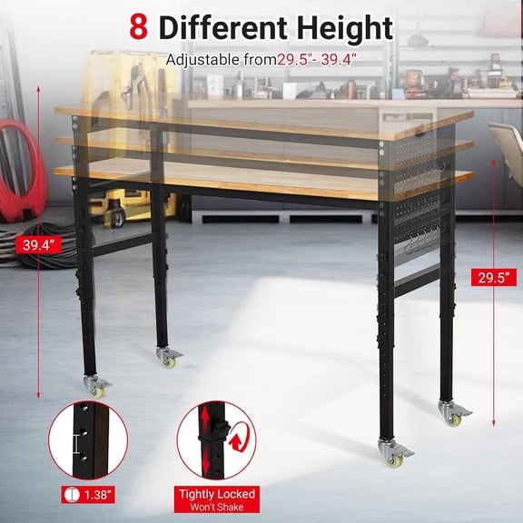 Acekid 48" x 24" Adjustable Portable Workbench with Scale, Pegboard and 6 Hooks,Adjustable Height, 2200 LBS Load Capacity for Workshop, Garage, Office, Home