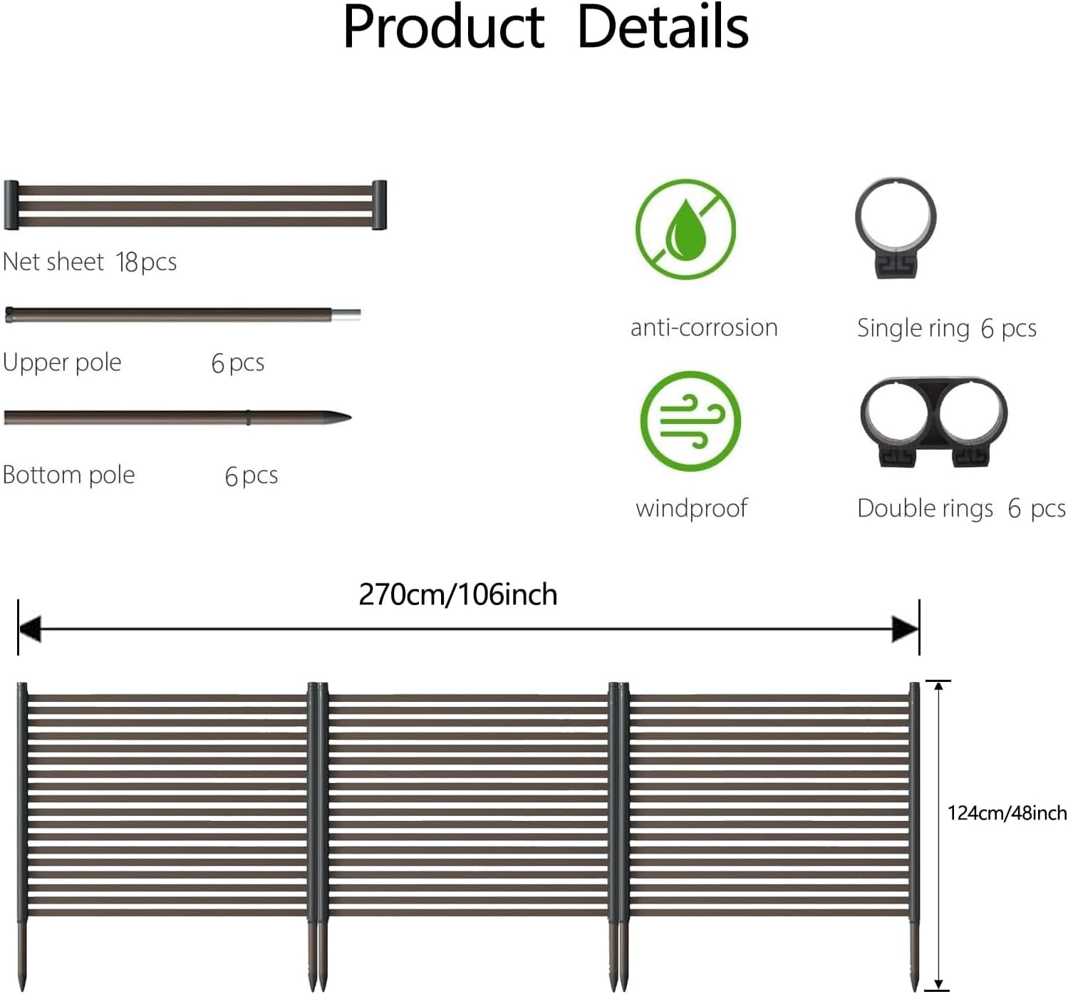 Acekid 48x106 Inch 3-Panel Metal Privacy Fence Panels - No-Dig Outdoor Fence, Rustproof Decorative Screen, Black