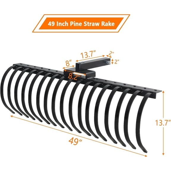 Acekid 49 Inch Tractor Landscape Rake - 3 Point Rake with 18 Tines, Detachable Pine Straw Rake, Black