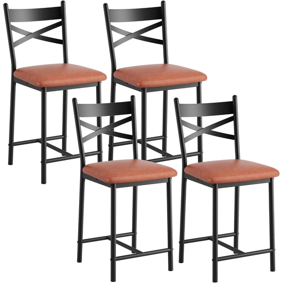 Acekid 4PC Bar Chairs,Industrial Metal Frame Stools with Backrest & Cushion,Counter Height Dining Seats,Rustic Loft Style Space Saving Kitchen Island Seating,Brown