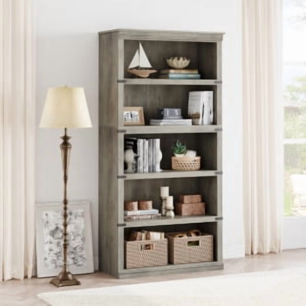 Acekid 5 Tier Book Shelf - Farmhouse Book Case, 67.4" Tall Storage Shelf, Wooden Bookshelves for Living Room & Home Office, 31.5" W x 12.8" D, Grey
