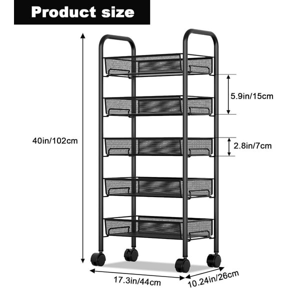 Acekid 5-Tier Rolling Cart, Storage Metal Cart with 4 Lockable Wheels, for Kitchen Bathroom, Fruits Vegetables Snacks Bowl & Dishes, Black