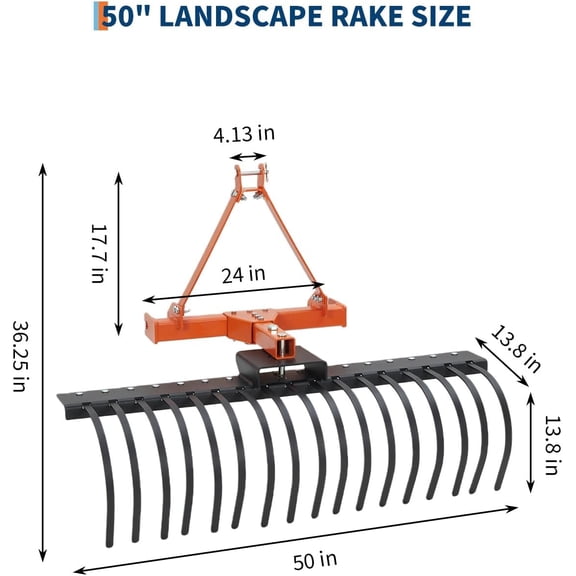 Acekid 50 Inch 3 Point Hitch Tractor Rake - Landscape Rake with 360 Degree Rotation, Replaceable Spring Steel Tines, Orange
