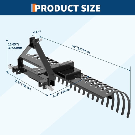 Acekid 50 Inch Landscape Rake for Tractor - 3-Point Tow Behind Dethatcher with 18 Steel Tines, Black