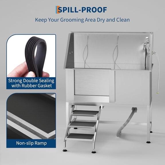 Acekid 50 in Stainless Steel Professional Dog Washing Station,Pet Bathing Tub with Non-Slip Stairs,Slip-Resistant Floor Grate for Large/Medium/Small Dogs,Left Door